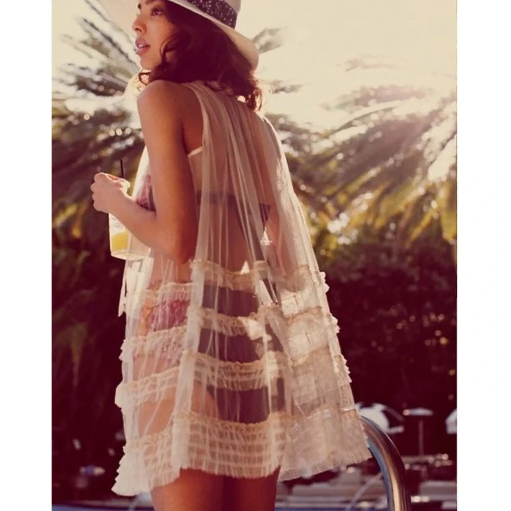 Free People Rare Sheer Mesh Ruffle Mini Slip Dress Ivory Coquette Fairy S Indie